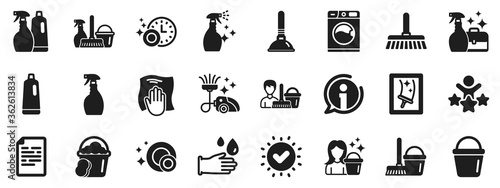 Laundry, Sponge and Vacuum cleaner signs. Cleaning icons. Washing machine, Housekeeping service and Maid equipment symbols. Window cleaning and Wipe off. Approved check, document. Vector
