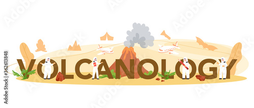 Volcanology typographic header concept. Geologist studying the processes