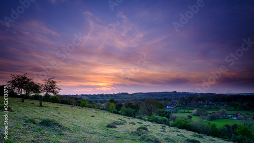 Sunset over the Meon valley village of Soberton, Hampshire, UK