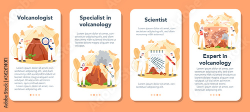 Volcanologist mobile application banner set. Geologist studying