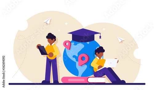 Concept of global education. Boy standing in front of books and globe with cap. Study abroad, international student exchange program. Modern flat illustration.