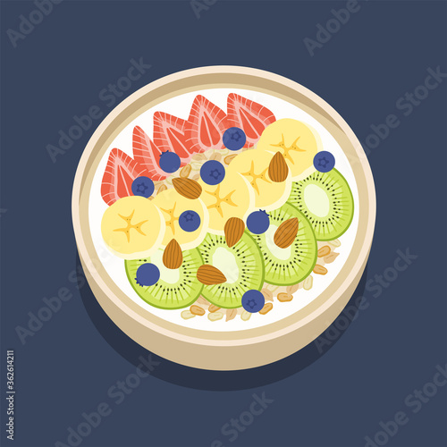 Muesli fruits  healthy natural breakfast. Oat flakes in a bowl with blueberries, strawberries, banana and kiwi. Healthy food for breakfast.