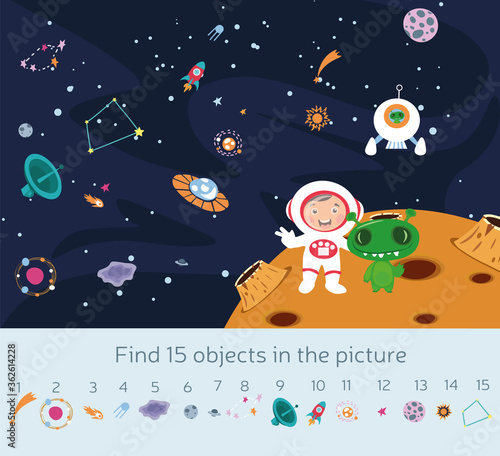 Kids picture puzzle with planets and spacecraft in outer space and an astronaut and alien with 15 objects below to be found in the picture, colored vector illustration