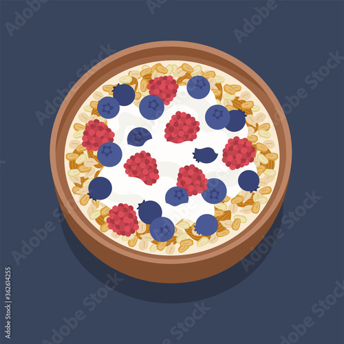 Muesli fruits  healthy natural breakfast. Oat flakes in a bowl with blueberries, mulberry and granola. Healthy food for breakfast.