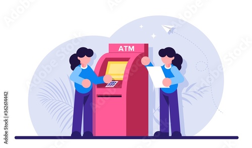 Concept of automated teller machine. Woman use ATM. Financial transaction, banking services, cash withdrawal, bank deposit access. Modern flat illustration.