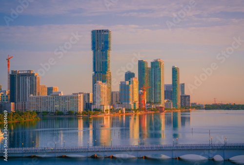 miami city at sunrise marina skyline buildings scene 