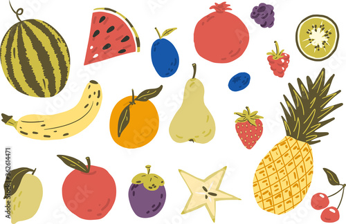Fruits mix vector clipart set hand drawn childish flat style isolated on white background.