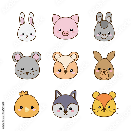 Cute cartoons line and fill style icon set design, Kawaii animals zoo life nature and character theme Vector illustration