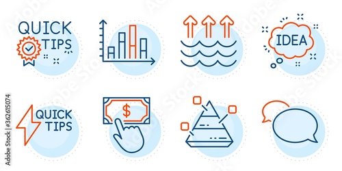 Payment click, Idea and Diagram graph signs. Quickstart guide, Pyramid chart and Messenger line icons set. Evaporation, Quick tips symbols. Lightning symbol, Report analysis. Education set. Vector