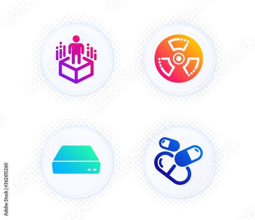 Chemical hazard, Augmented reality and Mini pc icons simple set. Button with halftone dots. Capsule pill sign. Toxic, Virtual reality, Computer. Medicine drugs. Science set. Vector