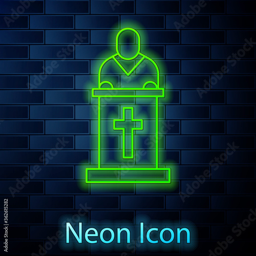 Glowing neon line Church pastor preaching icon isolated on brick wall background. Vector Illustration.