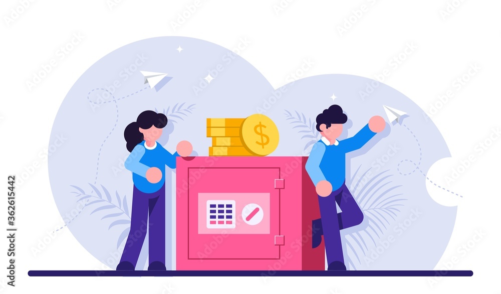 Concept of secure money storage. Businessman and woman leaning on safe box with electronic lock. Safety of bank account, deposit protection, banking services. Modern flat illustration. Concept of secure money storage. Businessman and woman leaning on safe box with electronic lock. Safety of bank account, deposit protection, banking services. Modern flat illustration.