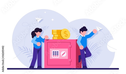 Concept of secure money storage. Businessman and woman leaning on safe box with electronic lock. Safety of bank account, deposit protection, banking services. Modern flat illustration.