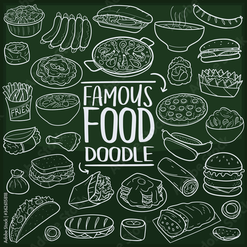 Famous World Food Doodle Line Icon Chalkboard Sketch Hand Made Vector Art.