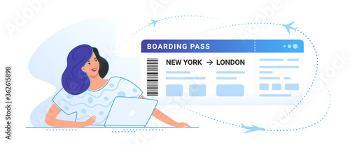 Boarding pass concept vector illustration of young smiling woman sitting with laptop and looking at big aircraft boarding ticket. Flat people buying a plane trip online via website on white background