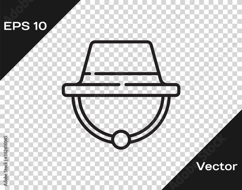 Black line Camping hat icon isolated on transparent background. Beach hat panama. Explorer travelers hat for hunting, hiking, tourism. Vector Illustration.
