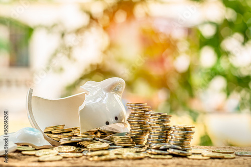Εκτύπωση καμβά Piggy bank with smashed and there were many coins on the table in the park, Use emergency funds and saving money for business Investment and spending concept
