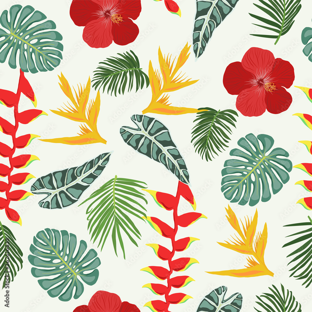 Seamless pattern with Tropical jungle leaves and flowers