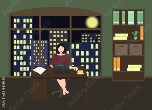 Woman sitting at a laptop and working overtime late night. Freelance work. Study at night. Flat vector illustration.