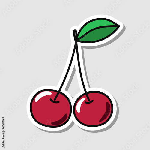 Vector cherry sticker in cartoon style. Isolated berry with shadow