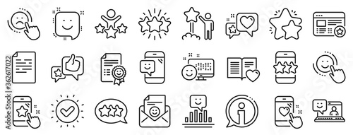 Set of User Opinion, Customer service and Star Rating icons. Feedback line icons. Testimonial, Positive negative emotion, Customer satisfaction. Social media feedback, star rating technology. Vector