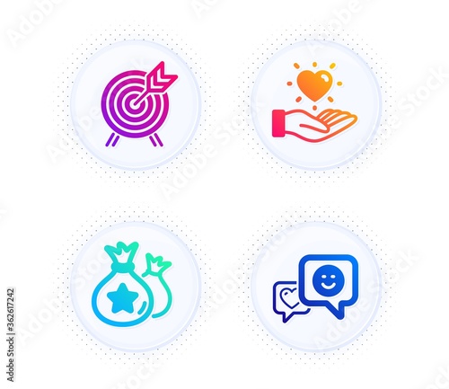 Hold heart, Loyalty points and Archery icons simple set. Button with halftone dots. Smile sign. Love brand, Money bags, Attraction park. Socila media. Business set. Vector