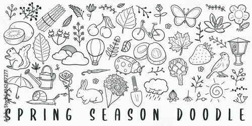 Spring Season Doodle Line Art Illustration. Hand Drawn Vector Clip Art. Banner Set Logos.