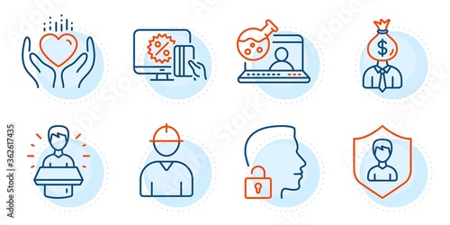 Security agency, Brand ambassador and Hold heart signs. Engineer, Manager and Online chemistry line icons set. Online shopping, Unlock system symbols. Worker profile, Work profit. People set. Vector
