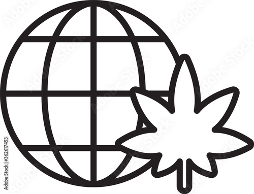 Black line Legalize marijuana or cannabis globe symbol icon isolated on white background. Hemp symbol. Vector Illustration.