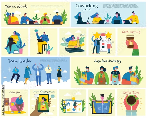 Marketing campaign, video conference, coffee time, business analysis concept illustration in flat and clean design. Men and women use laptop and tablet in the flat design.