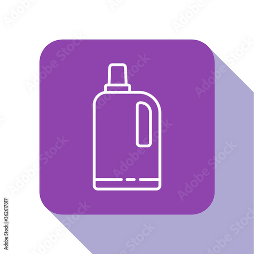 White line Fabric softener icon isolated on white background. Liquid laundry detergent, conditioner, cleaning agent, bleach. Purple square button. Vector Illustration.