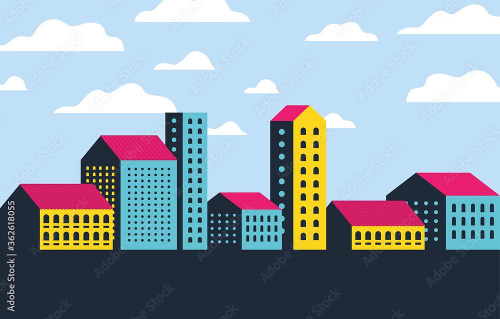 Yellow blue and pink city buildings landscape with clouds design, Abstract geometric architecture and urban theme Vector illustration