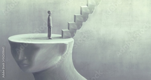 Surreal art of dream success and hope concept , imagination artwork, ambition idea painting illustration, man with stairs on giant human head sculpture