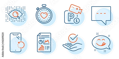 Report document, Heartbeat timer and Yummy smile signs. Approved, Blog and Parking security line icons set. Artificial intelligence, Smartphone recovery symbols. Outline icons set. Vector