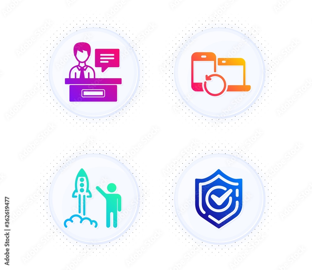 Launch project, Exhibitors and Recovery devices icons simple set. Button with halftone dots. Confirmed sign. Business innovation, Information desk, Backup data. Accepted message. Education set. Vector Launch project, Exhibitors and Recovery devices icons simple set. Button with halftone dots. Confirmed sign. Business innovation, Information desk, Backup data. Accepted message. Education set. Vector