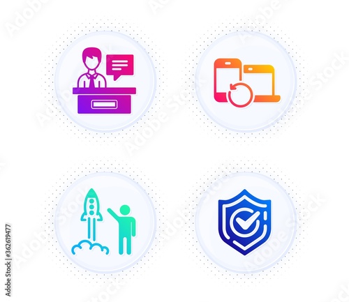Launch project, Exhibitors and Recovery devices icons simple set. Button with halftone dots. Confirmed sign. Business innovation, Information desk, Backup data. Accepted message. Education set. Vector