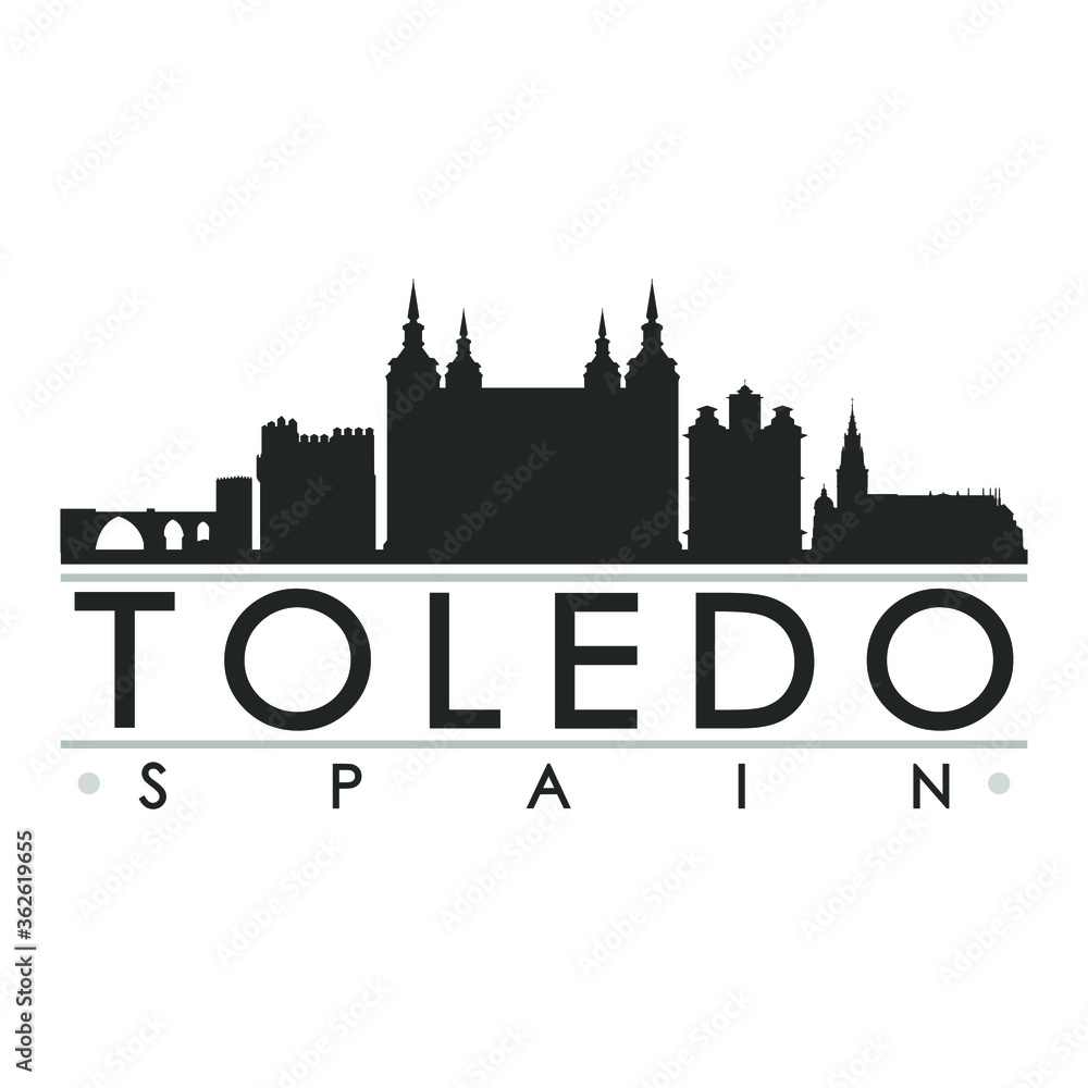 Toledo Spain Europe Skyline Silhouette Design City Vector Art Famous Buildings.