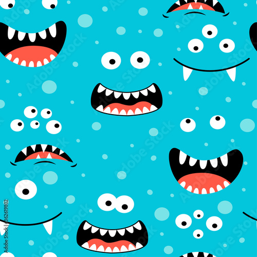 Hand drawing monster faces seamless print design. Vector illustration design for fashion fabrics, textile graphics, prints.