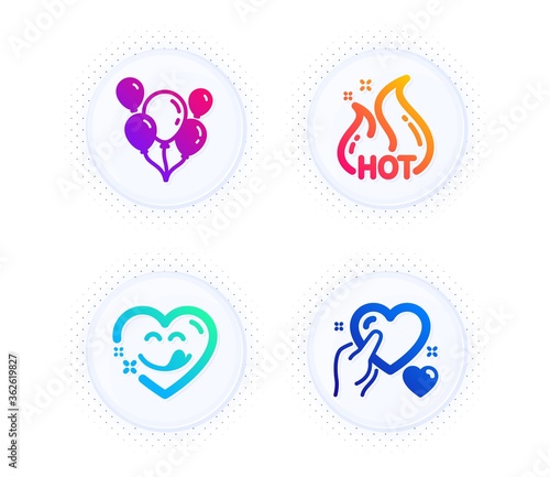 Yummy smile, Balloons and Hot sale icons simple set. Button with halftone dots. Hold heart sign. Comic heart, Air balloons, Shopping flame. Care love. Holidays set. Vector