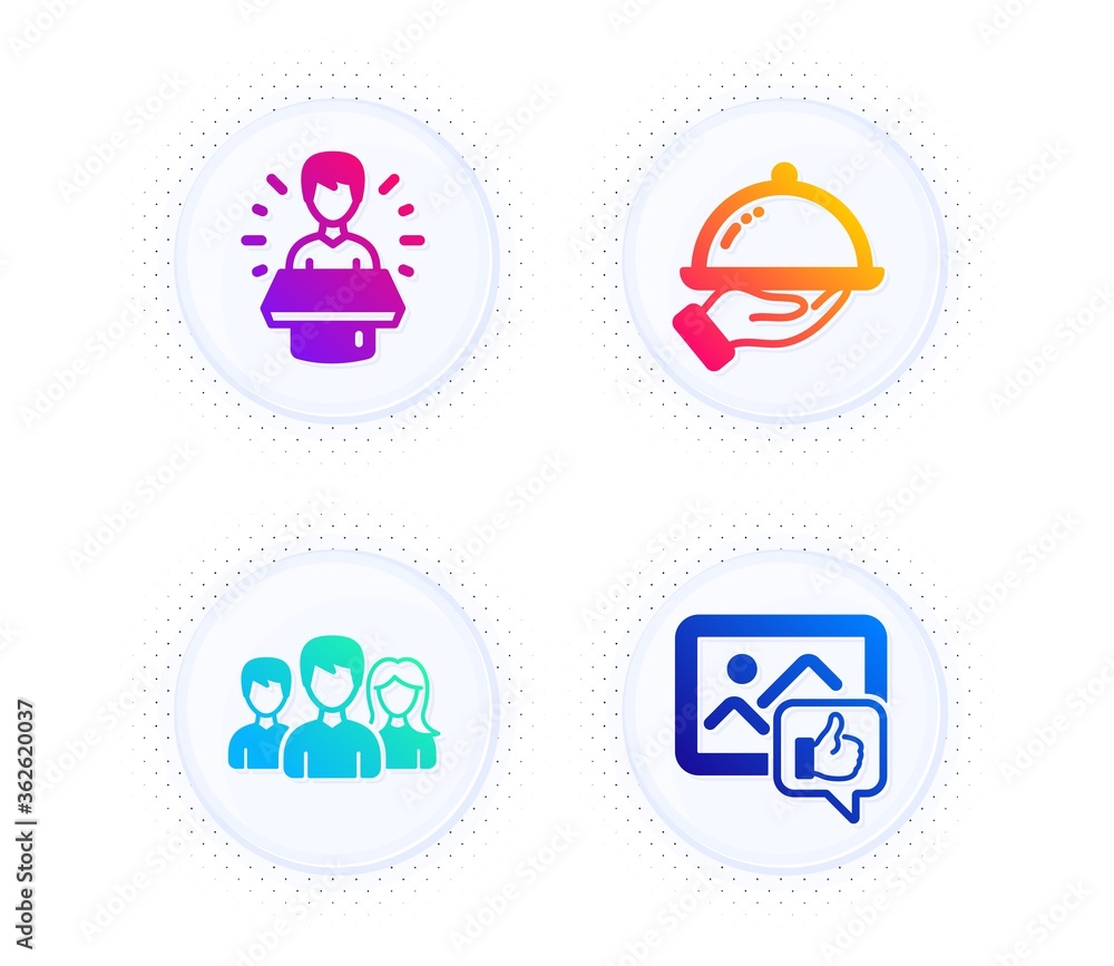 Teamwork, Brand ambassador and Restaurant food icons simple set. Button with halftone dots. Like photo sign. Group of users, Man speak, Room service. Thumbs up. People set. Vector