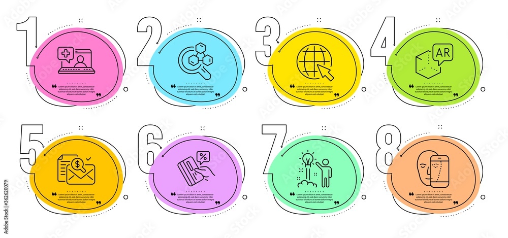 Augmented reality, Credit card and Face biometrics signs. Timeline steps infographic. Internet, Medical help and Accounting report line icons set. Chemistry lab, Creative idea symbols. Vector Augmented reality, Credit card and Face biometrics signs. Timeline steps infographic. Internet, Medical help and Accounting report line icons set. Chemistry lab, Creative idea symbols. Vector