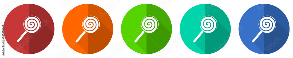 Lollipop icon set, candy, sweet food, red, blue, green and orange flat design web buttons isolated on white background, vector illustration Lollipop icon set, candy, sweet food, red, blue, green and orange flat design web buttons isolated on white background, vector illustration