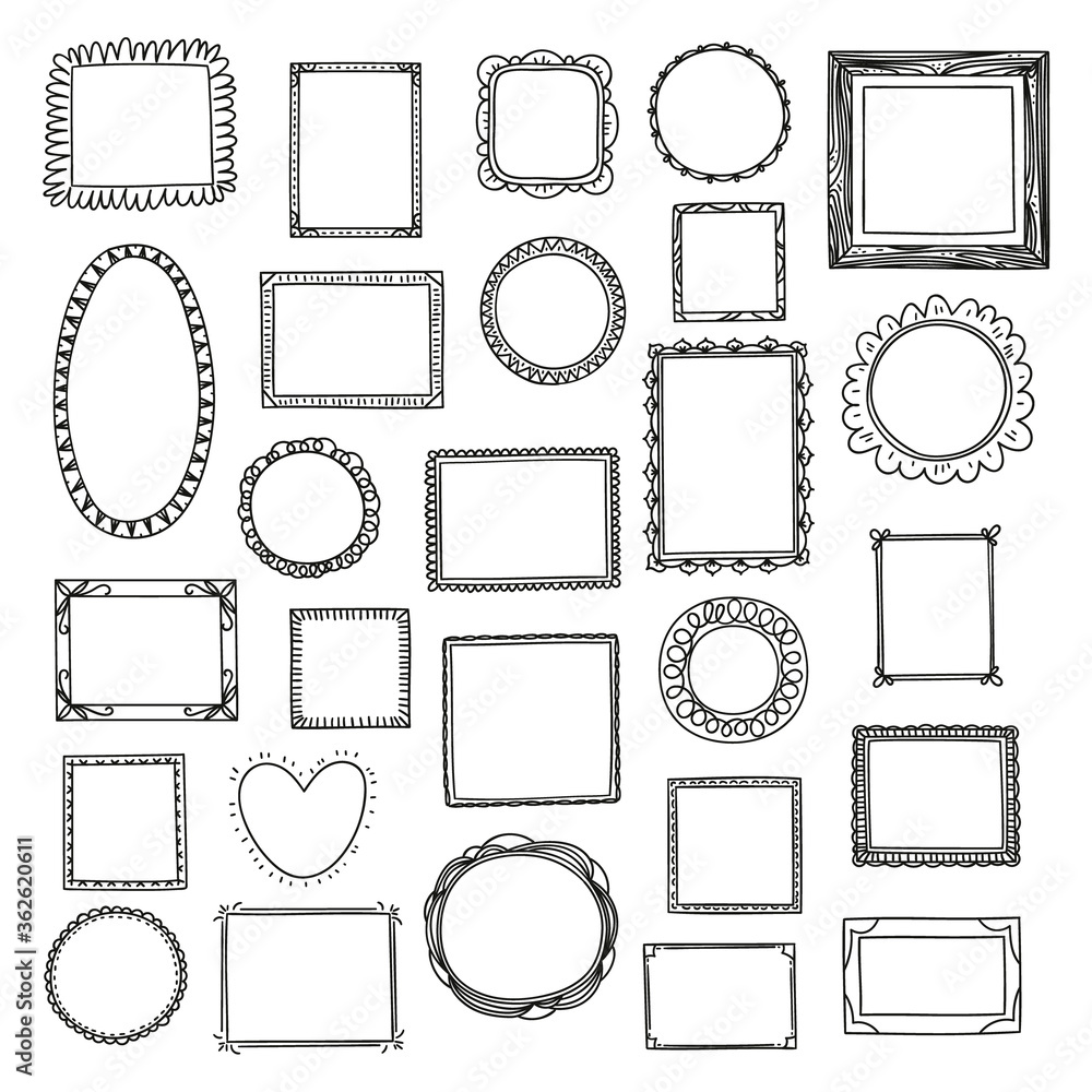 Hand drawn frames big set. Cute cartoon style borders. Vector design.
Hand drawn frames big set. Cute cartoon style borders. Vector design.