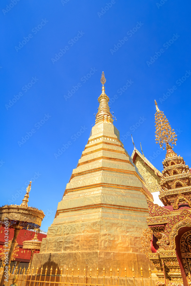 Golden pagoda for year of tiger zodiac at  Wat Prathat Cho Hae Temple in Phrae province, north of Thailand