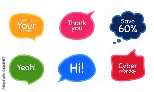 Cyber monday, 60% discount and feedback. Colorful chat bubbles. Thank you phrase. Sale shopping text. Chat messages with phrases. Texting thought bubbles. Vector