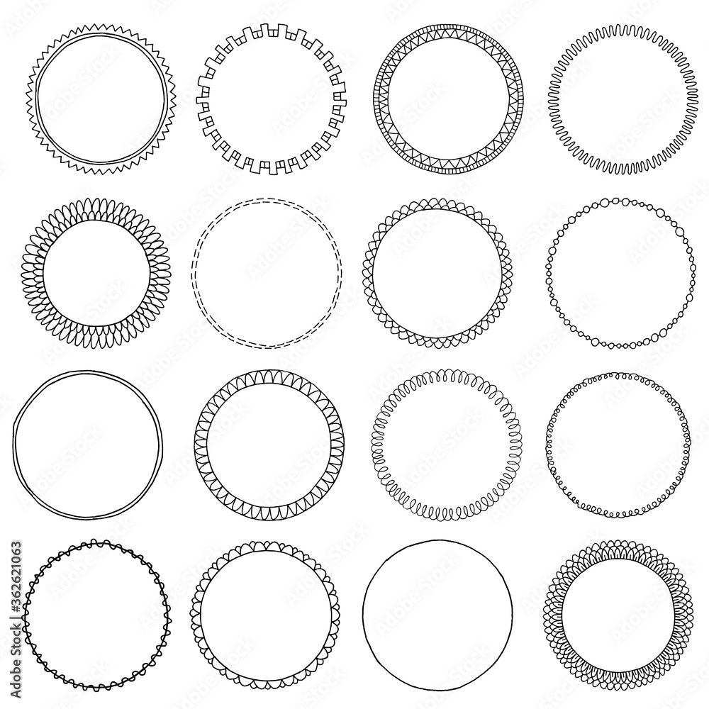 Hand drawn round frames set. Cartoon style frames isolated on white. Vector design.
