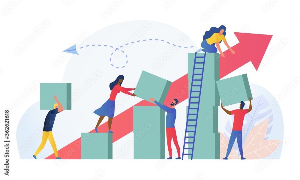 Composition with group of multiracial employees, managers or office workers moving boxes to assemble towers. Concept of teamwork, team building and building successful business. Vector illustration. Composition with group of multiracial employees, managers or office workers moving boxes to assemble towers. Concept of teamwork, team building and building successful business. Vector illustration.