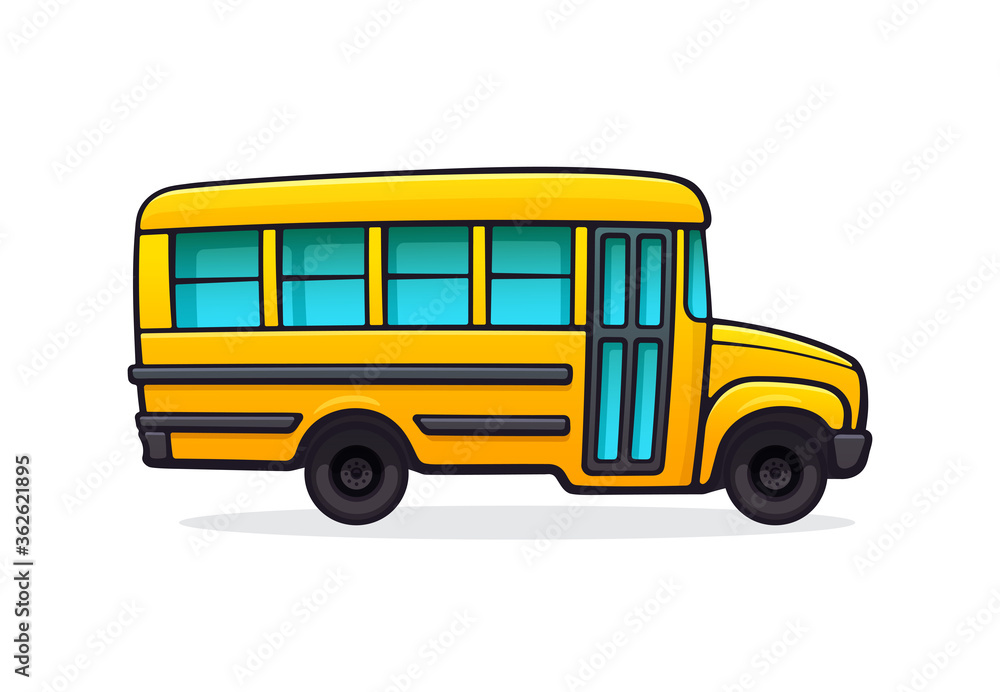 Yellow school bus. Passenger transport for transportation of children to school. Back to school. Vector illustration with outline in cartoon style. Clip art Isolated on white background
