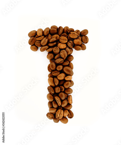 T, Alphabet from coffee beans on white background