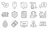 Set of Technology icons, such as Text message, Artificial colors. Diploma, ideas, save planet. 24h service, Approved shield, Web lectures. Reject checklist, Scroll down, Smile face. Vector
